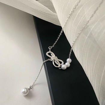 Round Shell Pearl CZ Hollow Bow-Knot 925 Sterling Silver Necklace