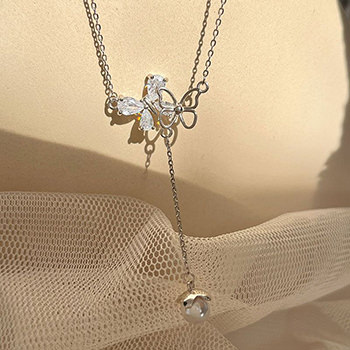 Hot Double CZ Butterflies Flying Shell Pearl Tassles Silver Necklace