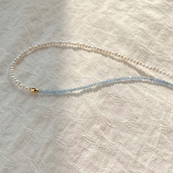 Office Mini Natural Pearls Blue Aquamarine 925 Sterling Silver Necklace