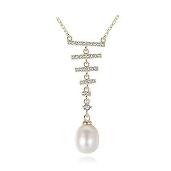 Grace Cubic Zirconia Ladder Natural Pearl 925 Sterling Silver Necklace