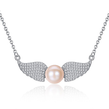 Wings Of Angle Cubic Zirconia Natural Pearl 925 Silver Necklace