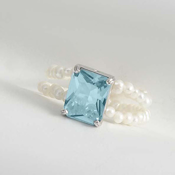 Blue CZ Rectangle Shell Pearl 925 Sterling Silver Ring