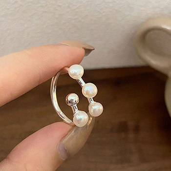 Office Three Shell Pearls Line 925 Sterling Silver Adjustable Ring