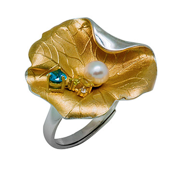 Golden Leaf Dewdrop 925 Sterling Silver Natural Pearl Adjustable Ring