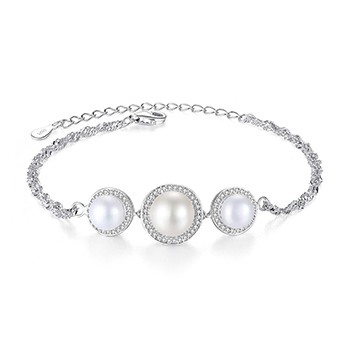 Cubic Zirconia Three Natural Pearls 925 Sterling Silver Bracelet