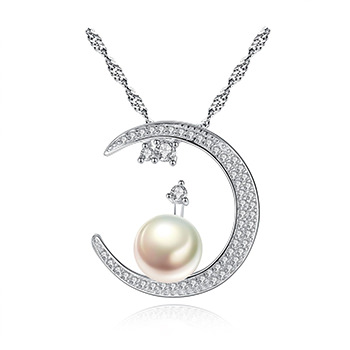 Cubic Zirconia Natural Pearl On Crescent Moon 925 Sterling Silver Necklace