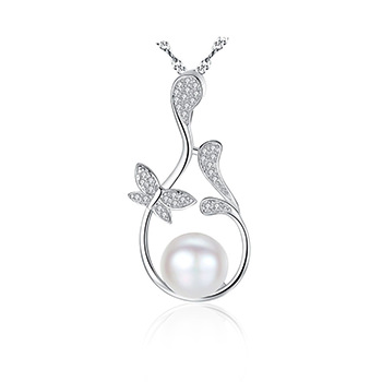 Natural Pearl On Cubic Zirconia Flower Branch 925 Silver Necklace