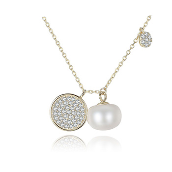 Cubic Zirconia Disc Half-Round Natural Pearl 925 Silver Necklace