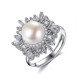 Flower Natural Pearl 925 Silver Adjustable Cubic Zirconia Ring