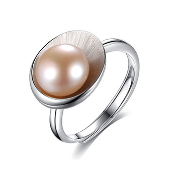 Round Natural Pearl In Shell 925 Silver Adjustable Ring