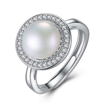 Round Cubic Zirconia Natural Pearl 925 Silver Adjustable Ring