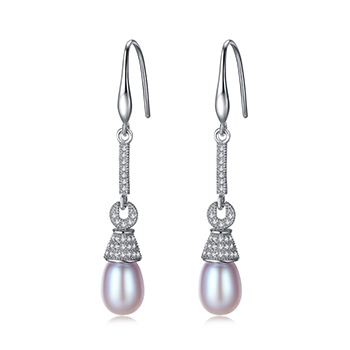 Waterdrop Natural Pearl 925 Silver Cubic Zirconia Dangling Earrings