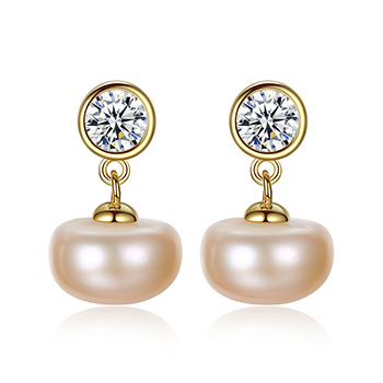 Half-Round Natural Pearl Cubic Zirconia 925 Silver Dangling Earrings