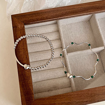 Anniversary Green Beads Wave Tube Heart 925 Sterling Silver Bracelet