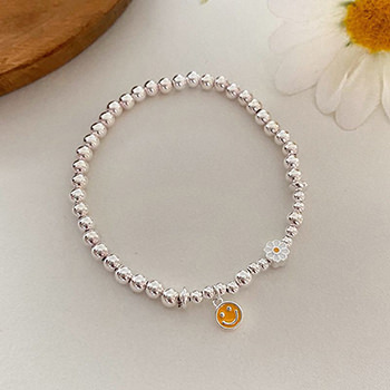 Girl Smile Face Daisy Flowers Beads 925 Sterling Silver Bracelet