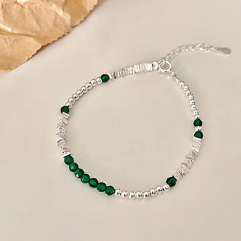 Women Irregular Green Silber Beads 925 Sterling Silver Bracelet