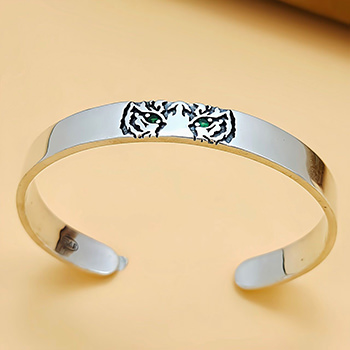 Men Green Eye Tiger Animal 925 Sterling Silver Open Bangle