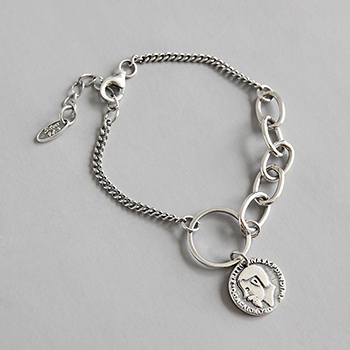 Party Portrait Coconut Tree Coin Chain 925 Sterling Silver Bracelet