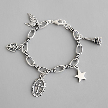 Vintage Cross Star Wings Eiffel Tower Shield 925 Sterling Silver Bracelet