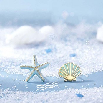 Asymmetry Sea Shell Starfish 925 Sterling Silver Stud Earrings