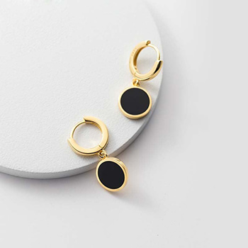 Black Round 925 Sterling Silver Hoop Earrings