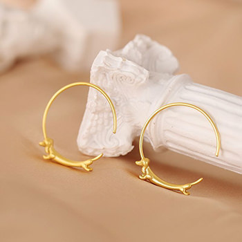 Cute Gold Dachshund Dog Animal 925 Sterling Silver Hoop Earrings