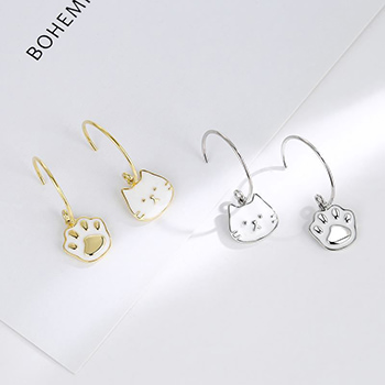 Cute Cat Head Foot Animal 925 Sterling Silver Hoop Earrings