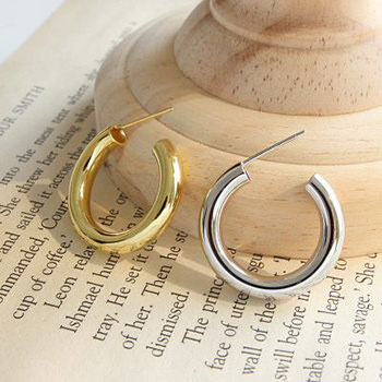 Modern Letter C Shape  925 Sterling Silver Hoop Earrings