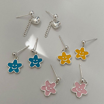 Cute Mini Epoxy Smile Star Heart 925 Sterling Silver Dangling Earrings