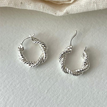 Lady Twisted Cross Circle 925 Sterling Silver Hoop Earrings