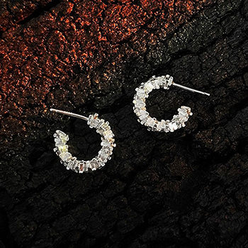 Office Irregular Stone C Shape 925 Sterling Silver Hoop Earrings