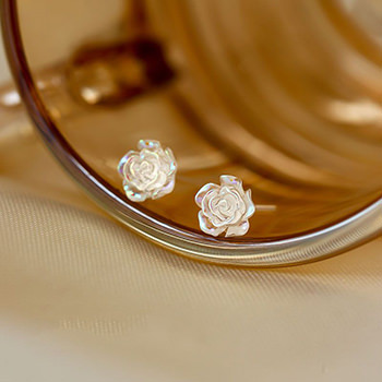 Women White Rose Flower 925 Sterling Silver Stud Earrings