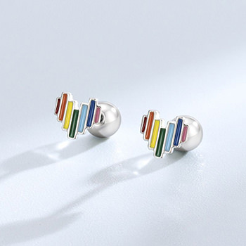 Colorful Rainbow Digital Heart 925 Sterling Silver Screw Stud Earrings