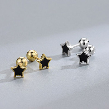 Casual Black Epoxy Star Gold Border 925 Sterling Silver Screw Stud Earrings