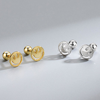 Gold Plated Silver Fun Round Preppy Happy Smile Screw Stud Earrings