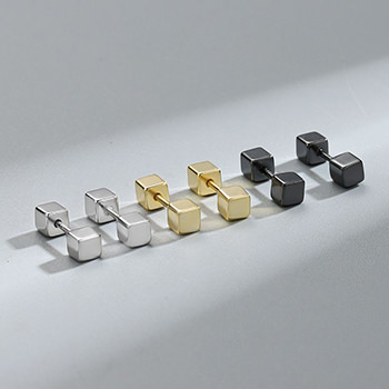 Geometry Double Cube Square Barbell Screw 925 Sterling Silver Stud Earrings