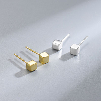 Geometry 925 Sterling Silver Imperfect Tiny Cube Studs Earrings