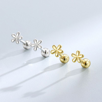 Girl Five Petal Small Flowers Beads Back 925 Sterling Silver Stud Earrings