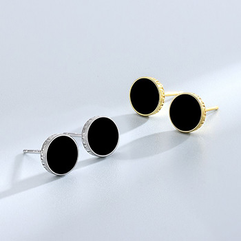 Holiday Round Black Epoxy Craft 925 Sterling Silver Stud Earrings