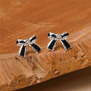 Cute Girl Black Bow-Knot 925 Sterling Silver Stud Earrings