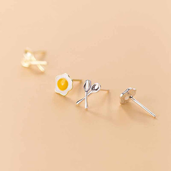 Asymmetry Poached Egg Fork Knife 925 Sterling Silver Stud Earrings