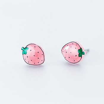 Cute Strawberry Fruit Solid 925 Silver Stud Earrings