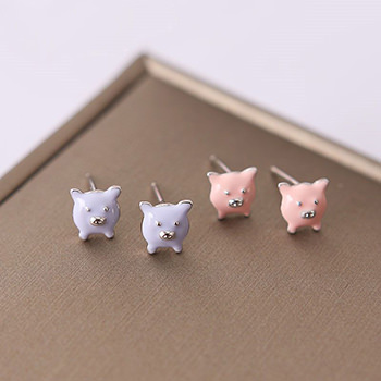 Pink, Purple Enamel Cute Pig 925 Silver Stud Earrings