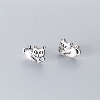 Cute Cat Antique 925 Sterling Silver Stud Earrings