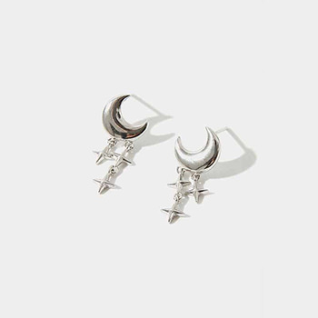 Crescent Moon Cross Tassels 925 Sterling Silver Dangling Earrings