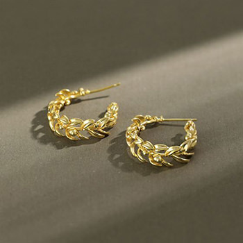 Office Wheat Leaves 925 Sterling Silver Hoop Earrings