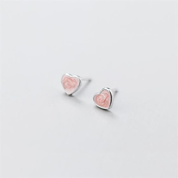 Girl Pink Heart Love 925 Sterling Silver Stud Earrings