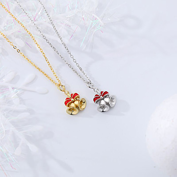 Christmas Gift Red Bow-Knot Bells Silver Pendant Chain Necklace