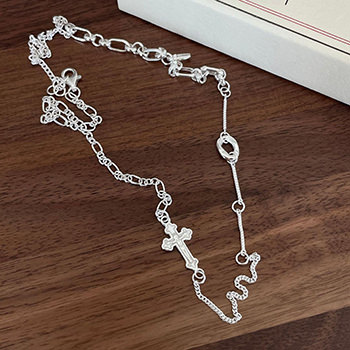 Vintage Irregular Cross Curb Pave Twisted Chain 925 Sterling Silver Necklace