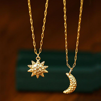 Modern Concave Crescent Moon Sun 925 Sterling Silver Couple Necklace